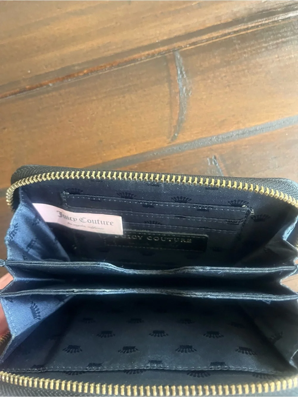 Juicy Couture Black and White Zip-Around Wristlet Wallet with Gold Logo